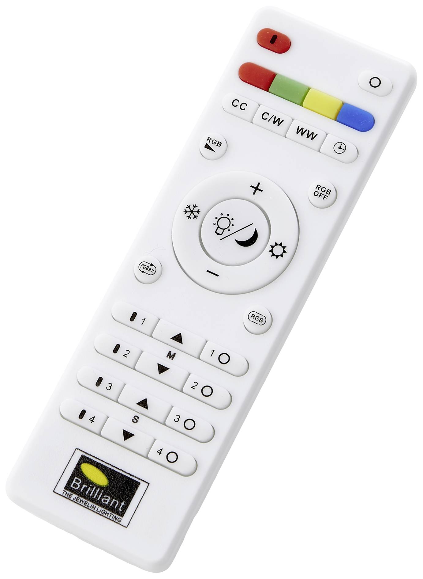 Biela diaľkový ovládač s tlačidlami na ovládanie farieb svetla (RGB), jasu a numerický výber. Na vrchu nápis 'Brilliant'.