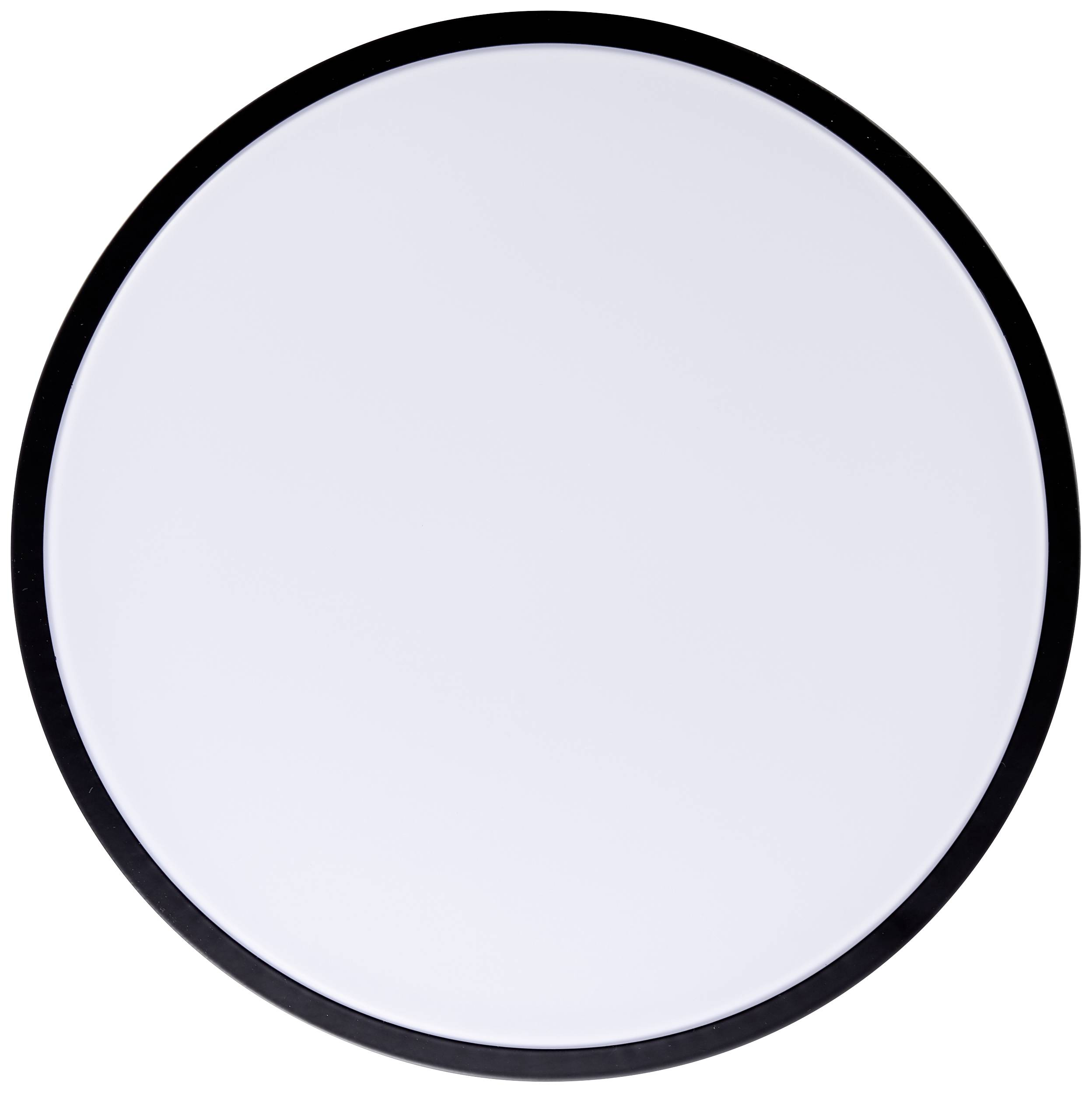 Biela, okrúhla LED lampa s jednoduchým čiernym lemom. Ideálna pre moderné interiérové osvetlenie.