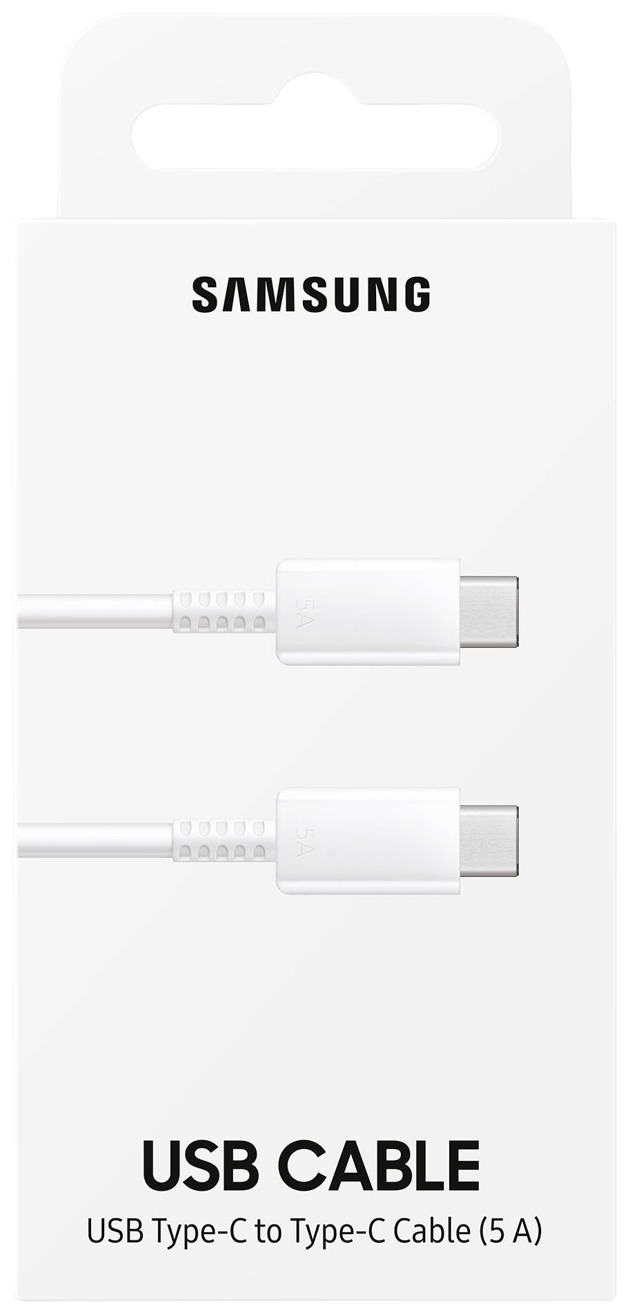 Balenie kábla USB-C od Samsungu, zobrazujúce kábel USB-C na USB-C s prúdom 5 A.