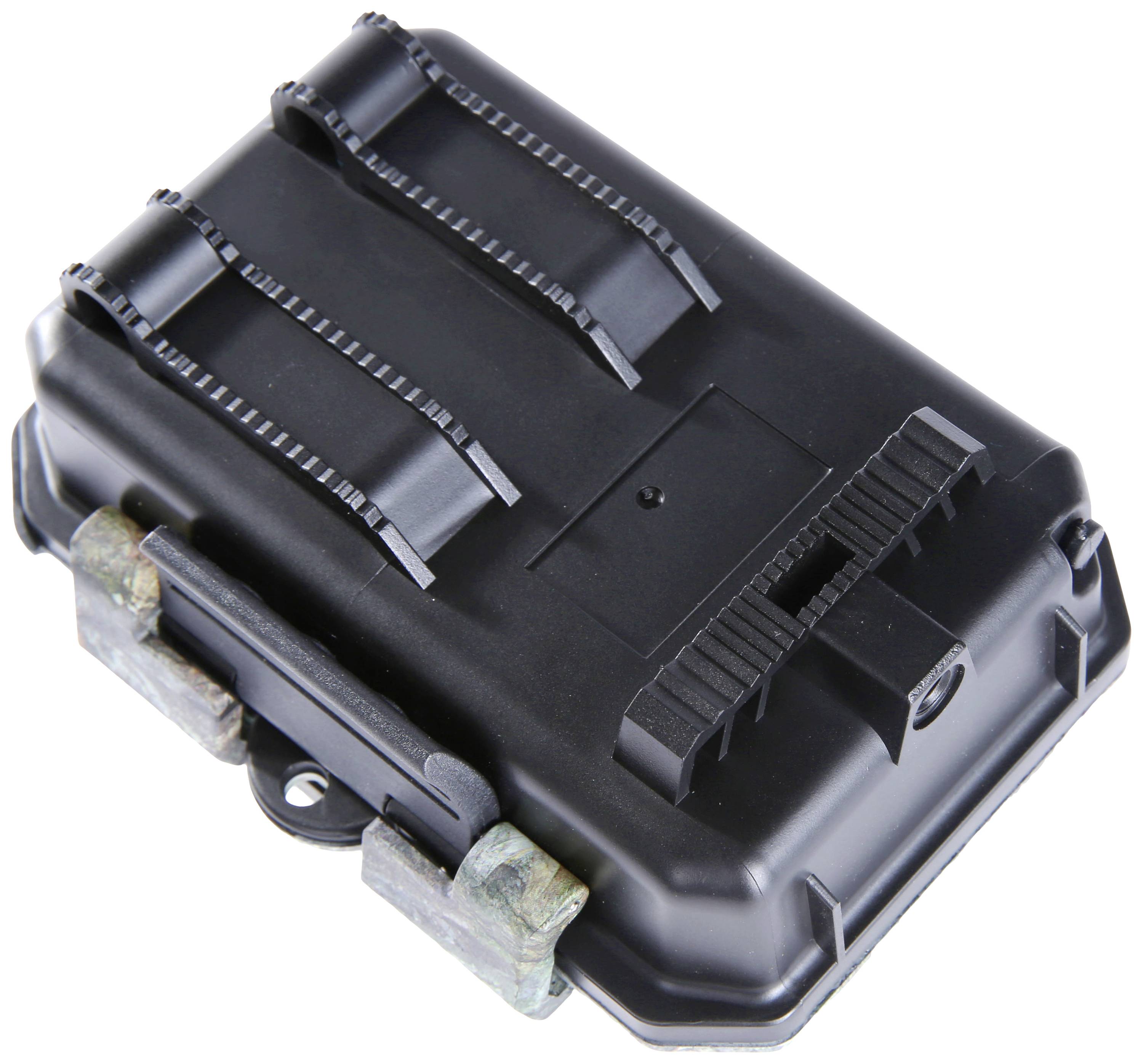 Elektronické zariadenie s čiernym krytom, vhodné na montáž. Obsahuje pripájacie svorky a upevňovací mechanizmus.