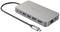 USB-C dokovacia stanica s viacerými portami: USB-A, USB-C, HDMI, Ethernet. Strieborné telo, kábel vľavo.