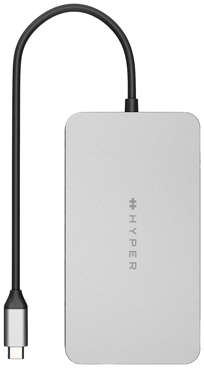USB-C hub s viacerými portami, strieborné telo, kábel umiestnený vľavo. Značka 'HYPER' na prednej strane.