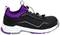 Čierna športová topánka s fialovými detailmi, bielou podrážkou a elastickým systémom šnurovania, pohľad z boku.