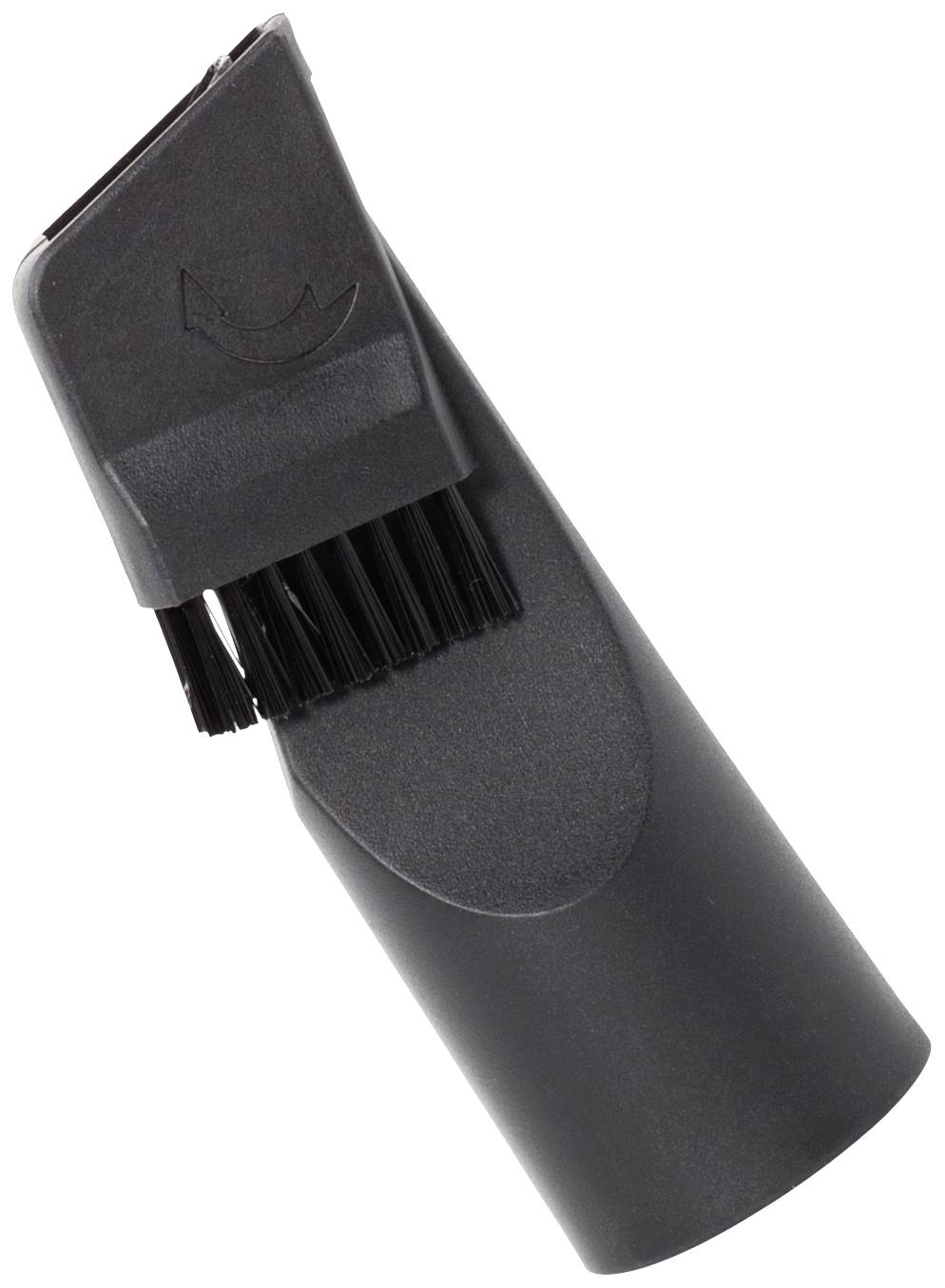 Čierny nástavec na vysávač so zabudovanou kefkou, vhodný na čistenie úzkych alebo ťažko dostupných miest.