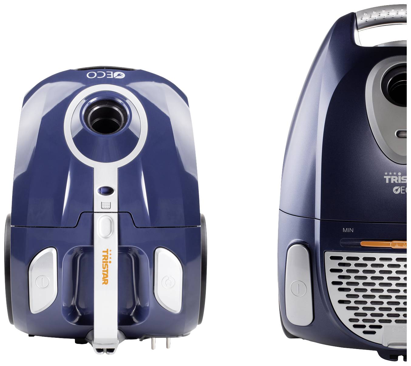 Modrý stojanový vysávač značky 'Tristar' s pohľadom spredu vľavo a pohľadom zboku s ovládacími prvkami vpravo.