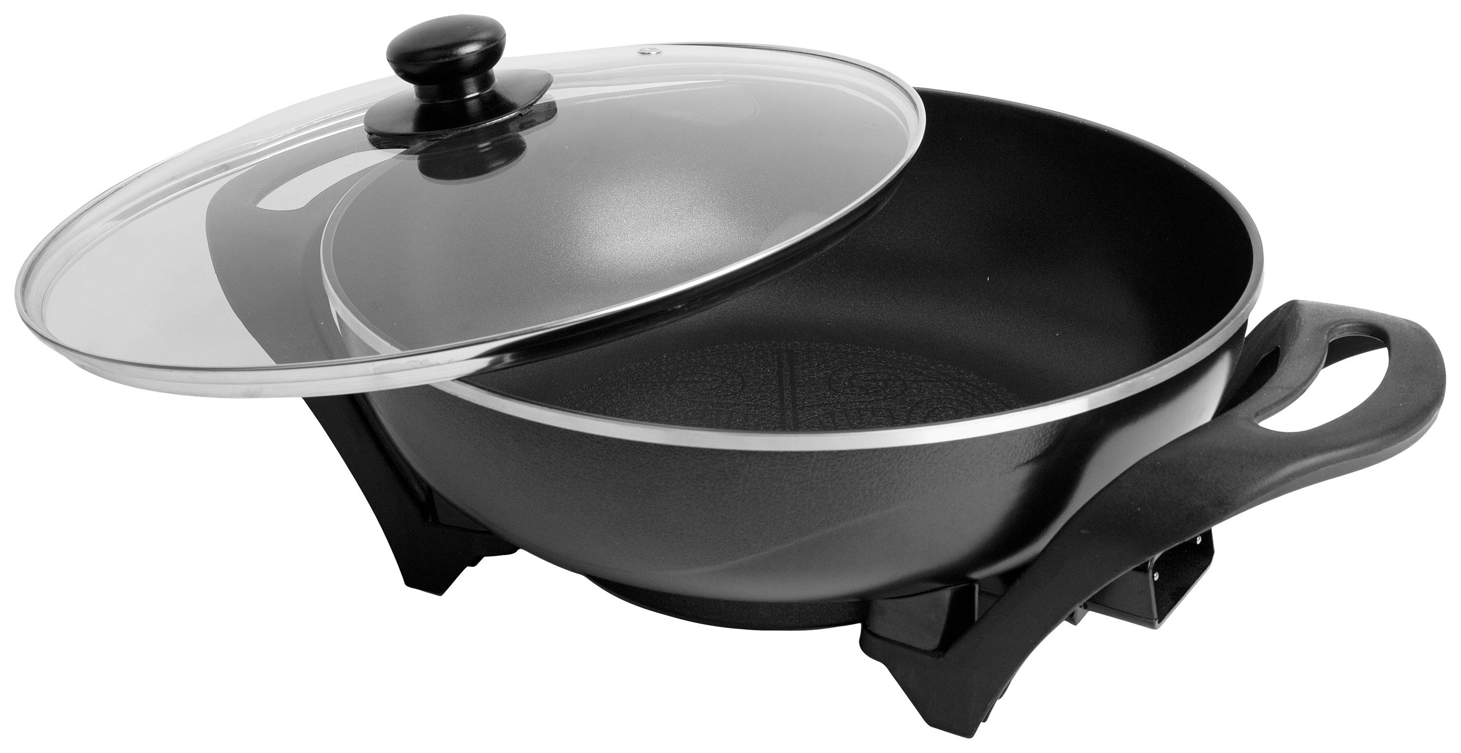 Čierna, okrúhla elektrická panvica so sklenenou pokrievkou a držadlami. Stojí na plochej základni a je napoly otvorená.