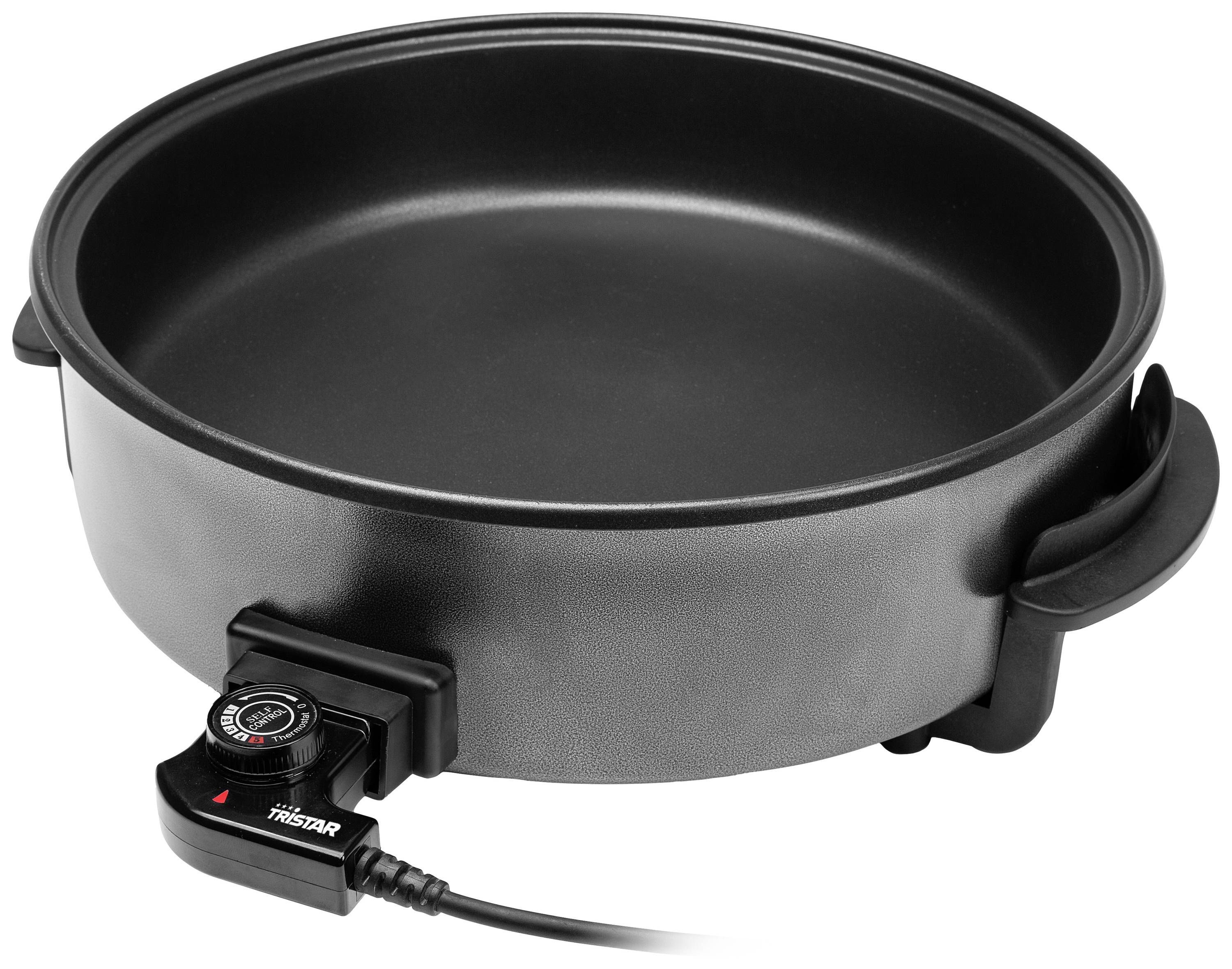 Elektrický, okrúhly hrniec s čiernym nepriľnavým povrchom a regulátorom teploty, vhodný na varenie a pečenie.