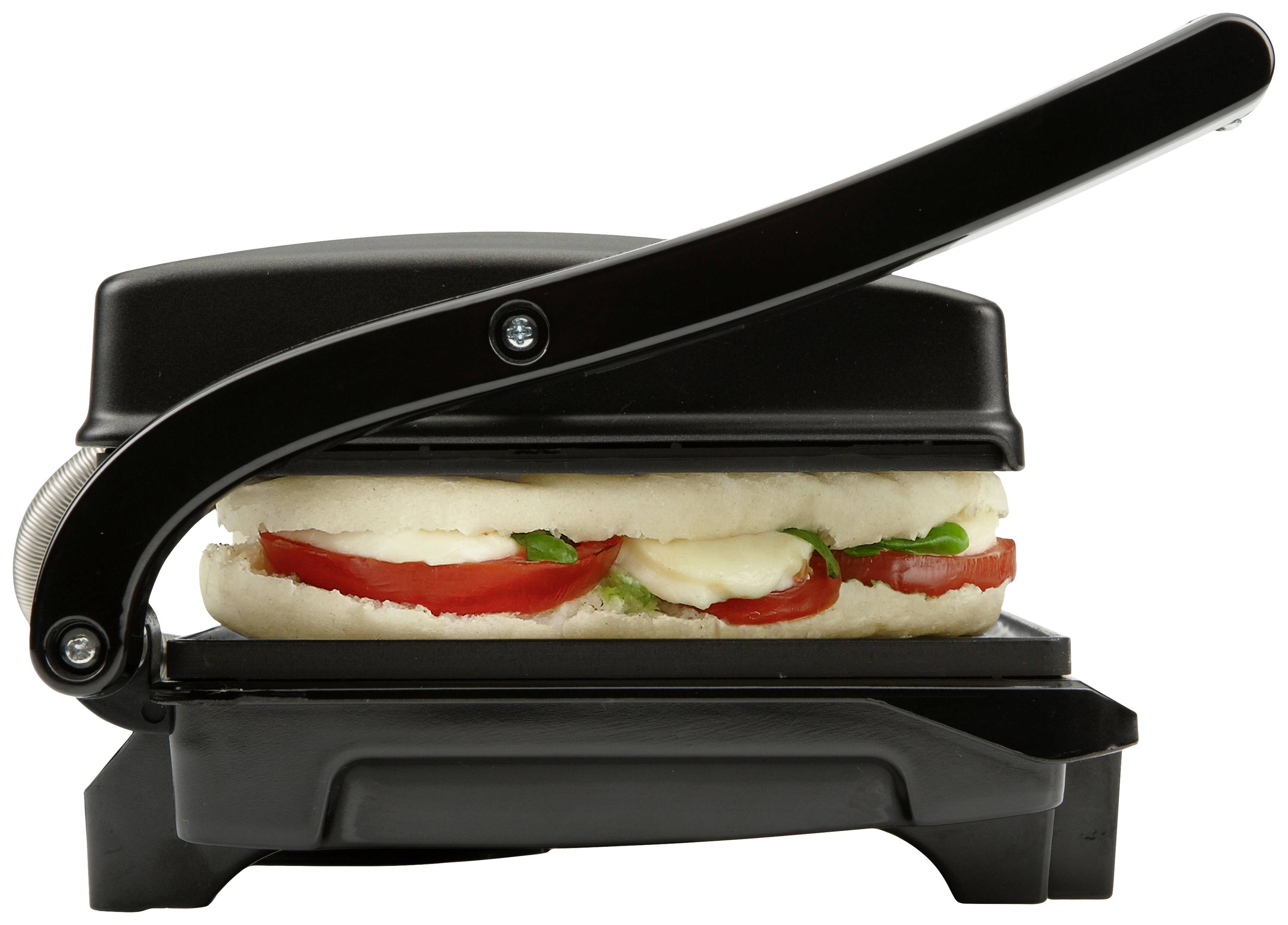 Panini sendvič sa pripravuje v čiernom panini grile. Sendvič obsahuje paradajky, mozzarellu a bazalku.