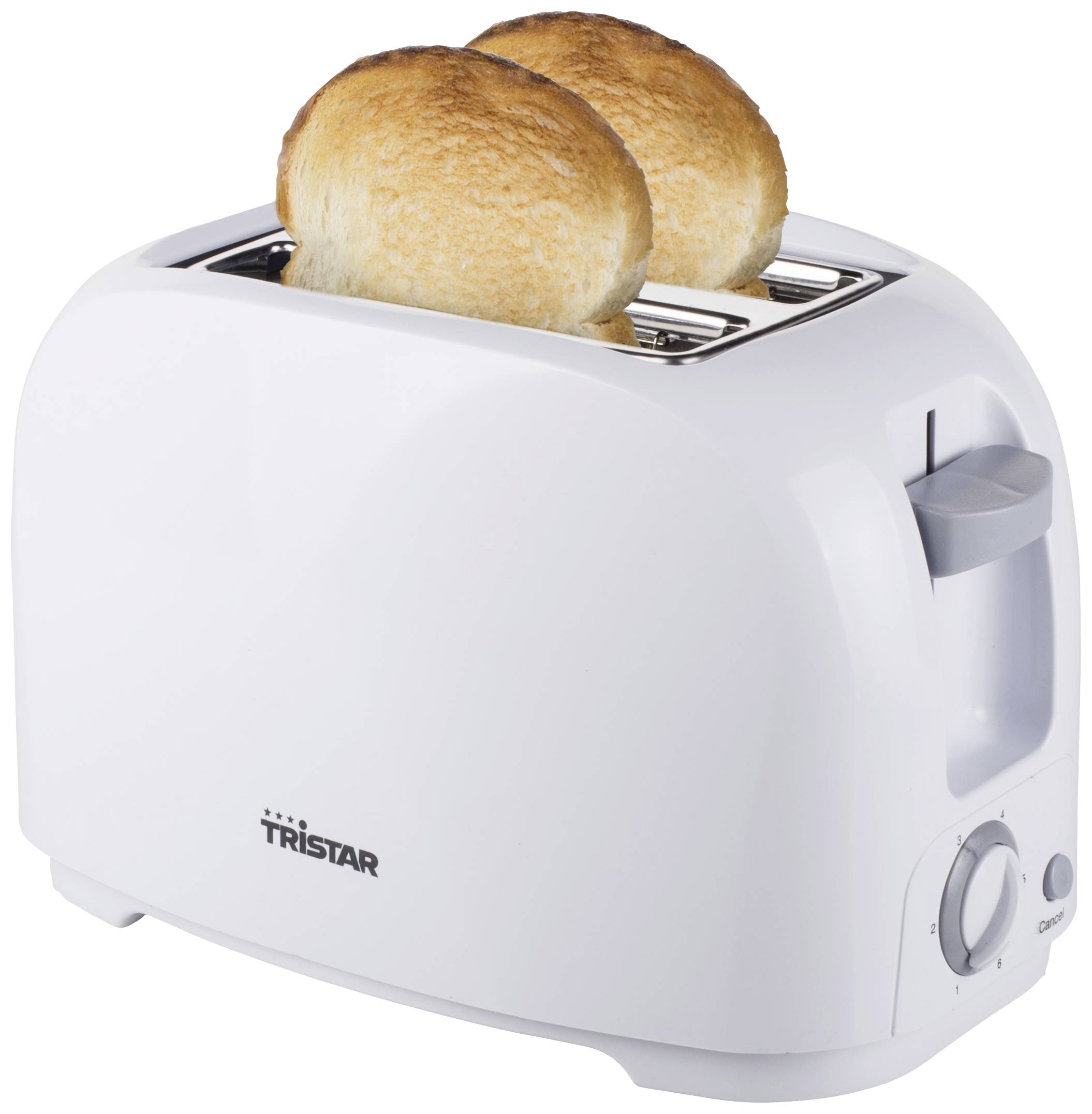 Biely toaster s dvoma zlatohnedými toastnými plátkami, otočný regulátor na pravej strane.