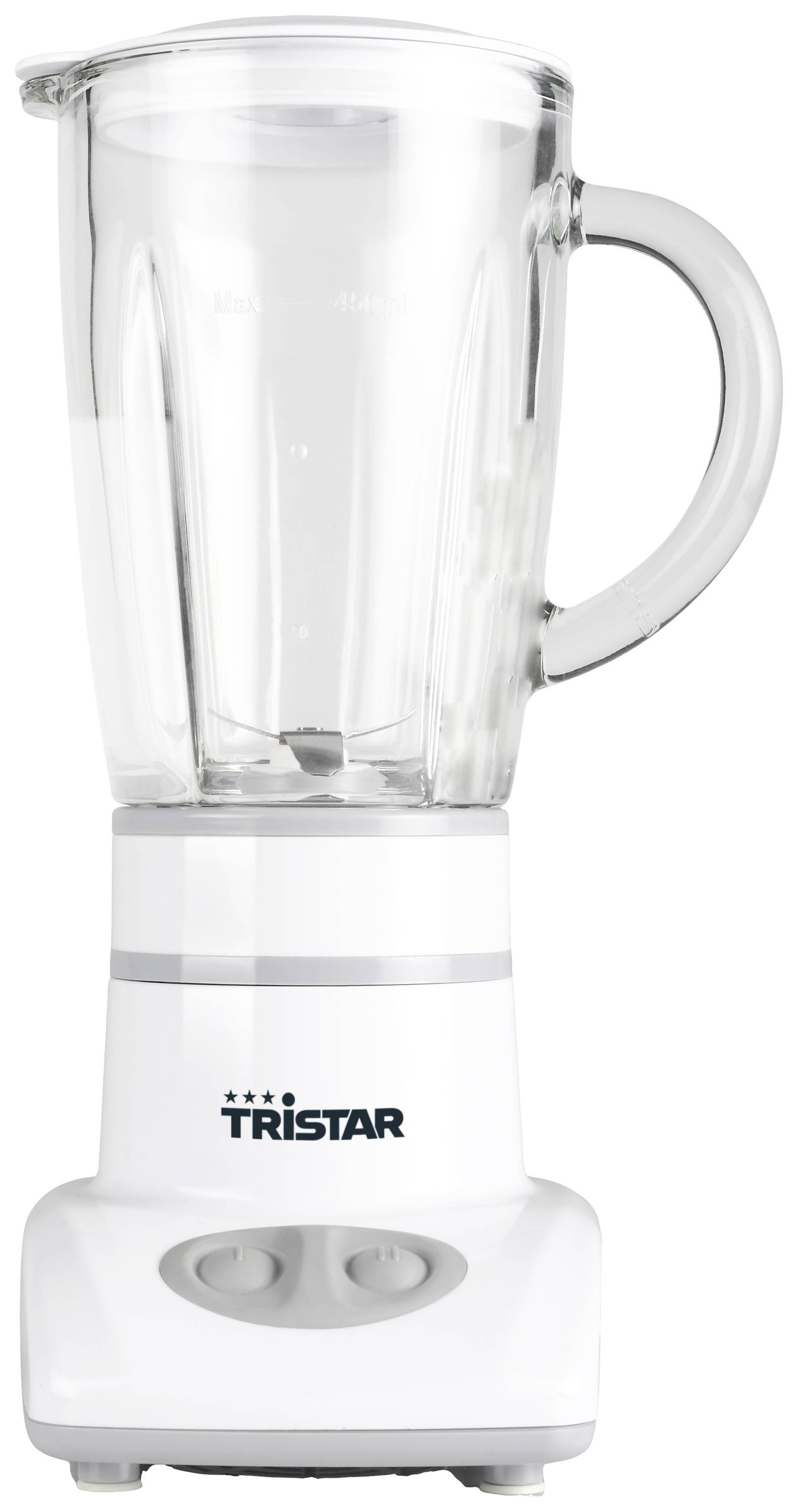 Biely stolový mixér so svetlým priehľadným nádobím a rukoväťou. Mixér je značky Tristar a má ovládacie prvky na prednej strane.