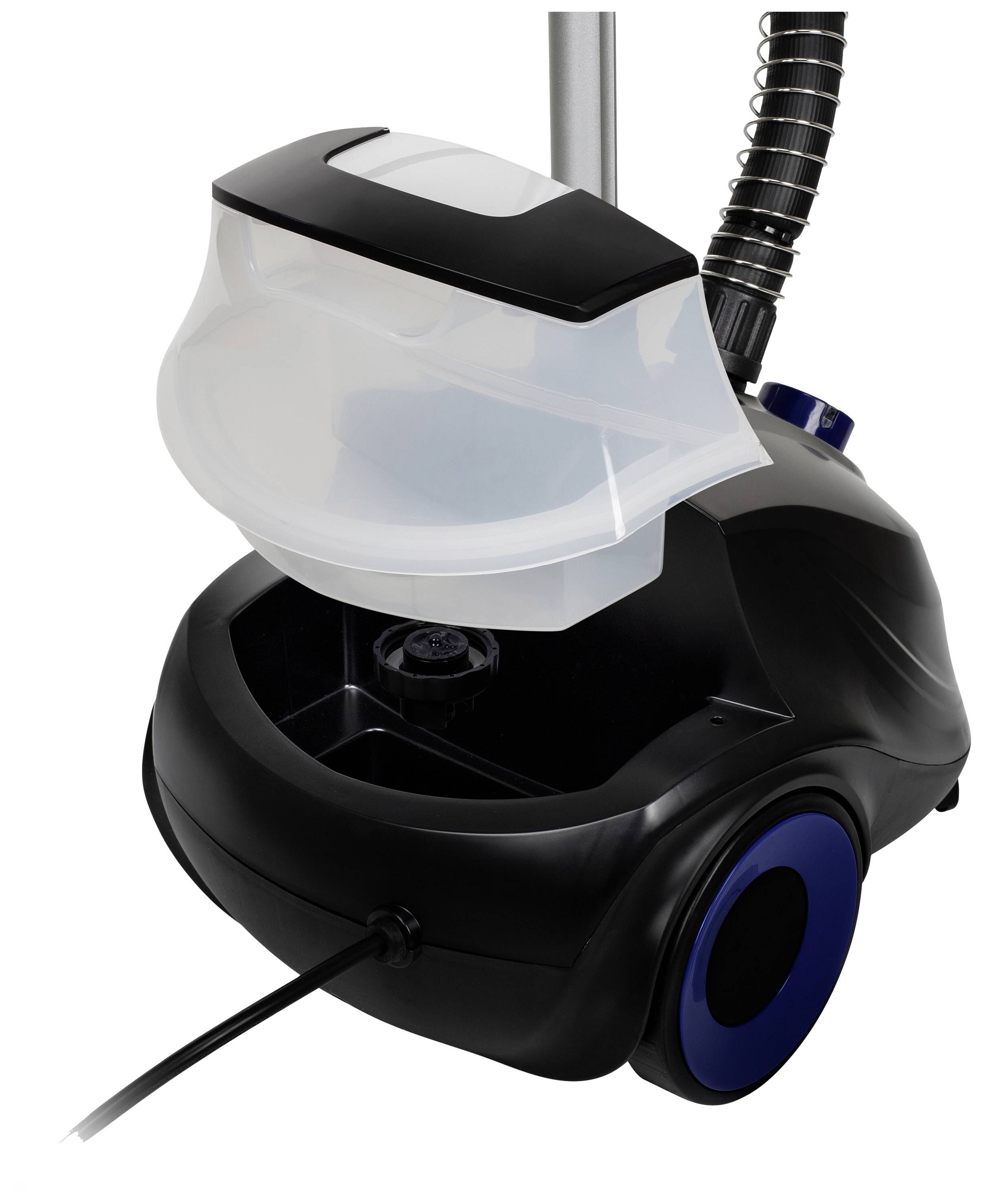 Zatvorená žehlička s vodnou nádržkou v čiernej a modrej farbe. Vodná nádrž je priehľadná a čiastočne otvorená.