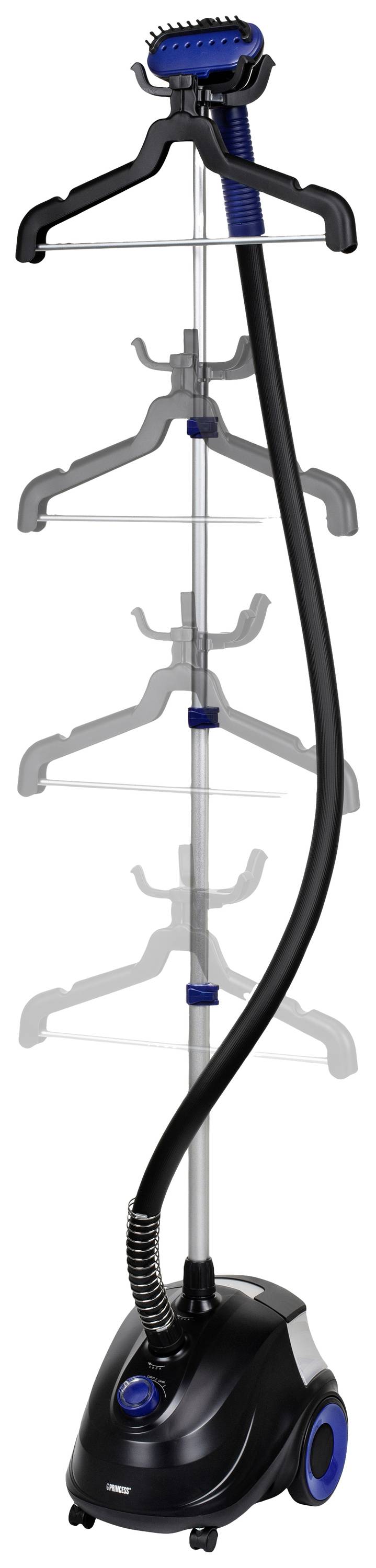 Parný čistič odevov s čiernou hadicou, modrou kefou a niekoľkými vešiakmi v postupnom zobrazení.