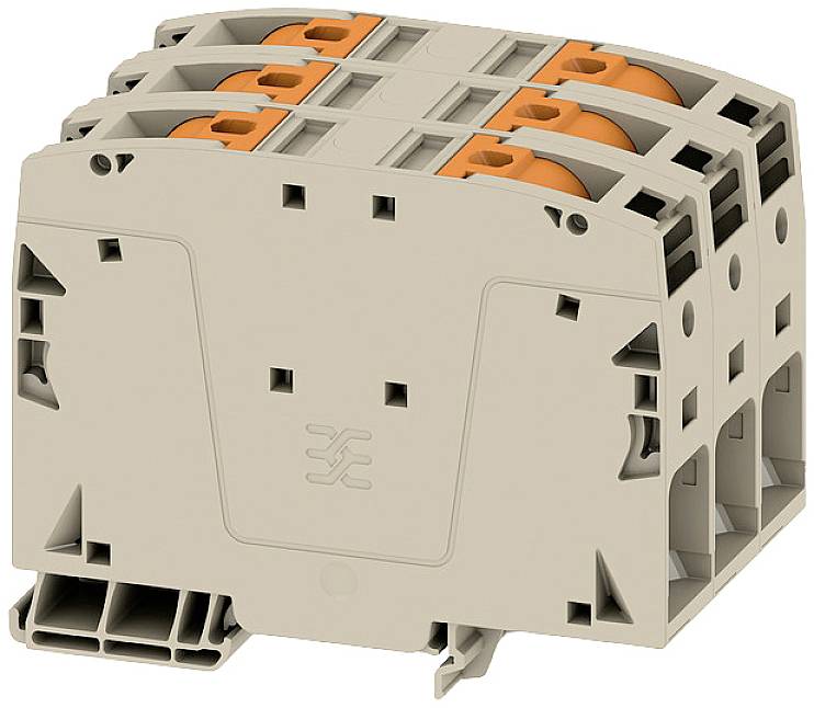 Trojpólový elektrický konektor, béžový, s oranžovými pákami pre jednoduché prepojenie káblov v elektrických rozvádzačoch.