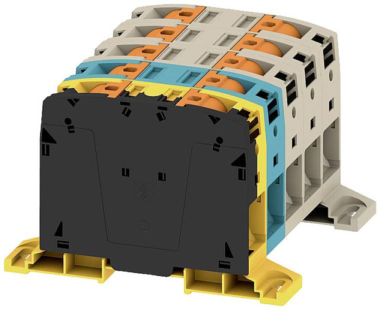 Rad modrých, sivých a žltých elektrických pripojovacích svoriek, navzájom naukladaných, určených na zapojenie v rozvodných panelových inštaláciách.