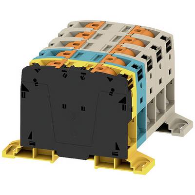 Rad modrých, sivých a žltých elektrických pripojovacích svoriek, navzájom naukladaných, určených na zapojenie v rozvodných panelových inštaláciách.