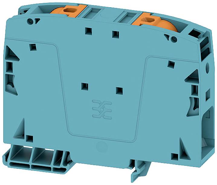 Tyrkysovo modré elektrické zariadenie s oranžovými prvkami, ktoré sa používa na elektrické pripojenia.