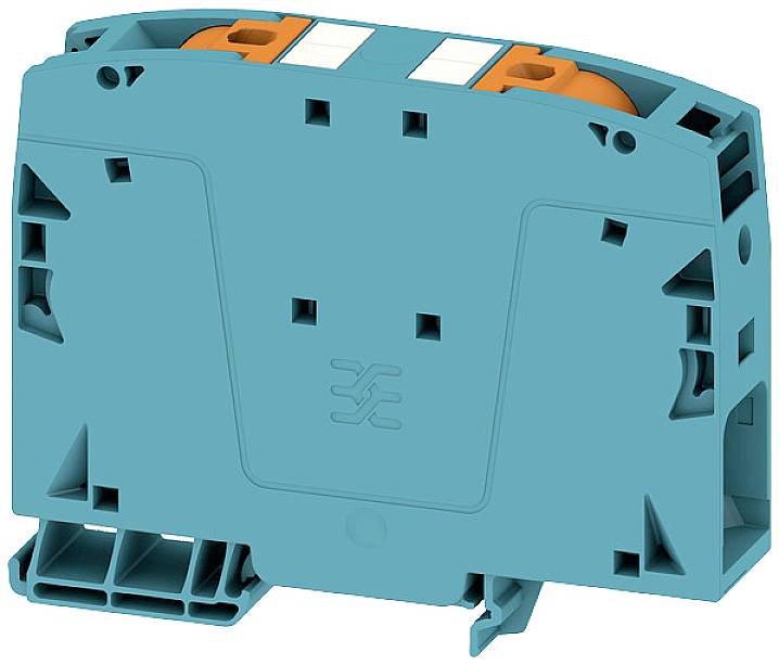 Tyrkysový elektronický komponent s oranžovými prvkami, pravdepodobne svorka alebo pripájací modul, so zalomenými otvormi na bočnej strane.