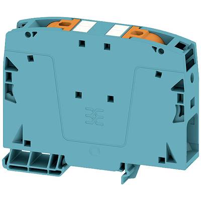 Tyrkysový elektronický komponent s oranžovými prvkami, pravdepodobne svorka alebo pripájací modul, so zalomenými otvormi na bočnej strane.