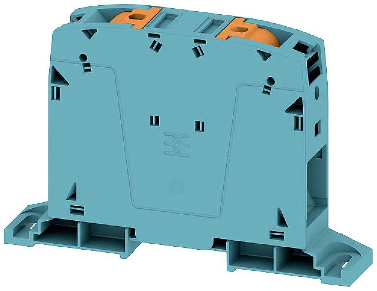 Modrý elektrický komponent s oranžovými prvkami, pravdepodobne rozvodný blok, umiestnený na montážnej základni.