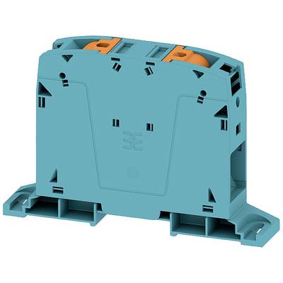 Modrý elektrický komponent s oranžovými prvkami, pravdepodobne rozvodný blok, umiestnený na montážnej základni.