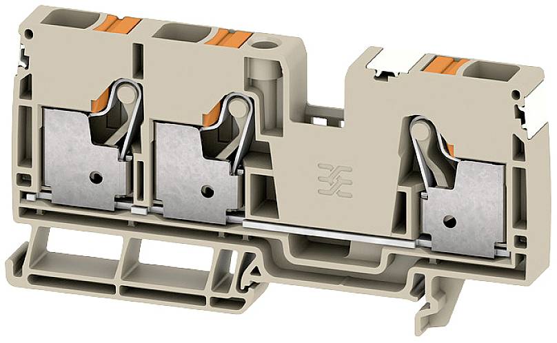 Sivý elektrický rozvodný box s oranžovými detailmi a kovovými kontaktmi, ktorý sa používa na pripojenie káblov.