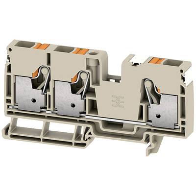 Sivý elektrický rozvodný box s oranžovými detailmi a kovovými kontaktmi, ktorý sa používa na pripojenie káblov.