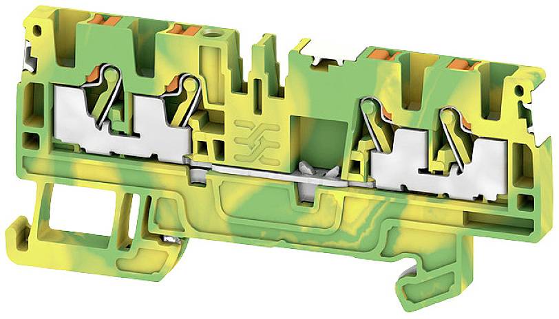 Zeleno-žlto škvrnito bodkovaná svorková lišta z plastu s kovovými kontaktnými oblasťami, používaná v elektrotechnickej inštalácii.