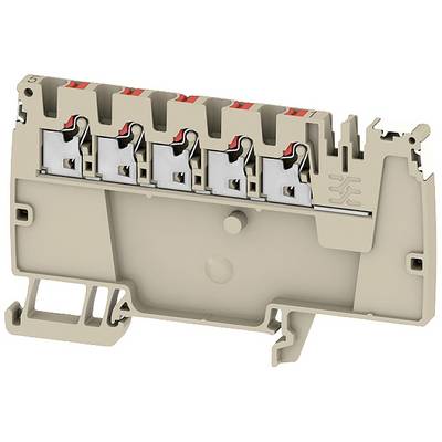 Sivý elektrický modul svorkovnicového bloku s piatimi otvormi, s červeným označením na vrchu, vhodný pre pripojenie vedení v rozvádzačoch.