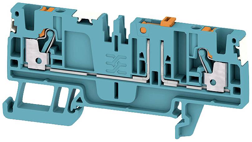 Tyrkysový elektrický svorkovnicový blok s viacerými prípojkami a svorkami na elektrické prepojenie v rozvádzačoch.
