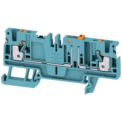 Tyrkysový elektrický svorkovnicový blok s viacerými prípojkami a svorkami na elektrické prepojenie v rozvádzačoch.