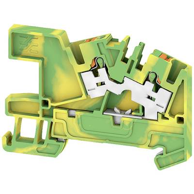 Zeleno-žltý izolovaný svorkovnicový blok v priečnom reze, zobrazujúci interné kovové prepojenia pre elektrické zapojenie.