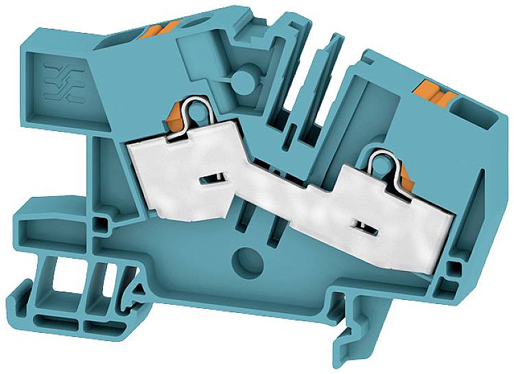 Tyrkysové radové svorky s kovovými spojovaciemi prvkami a oranžovými ovládacími prvkami na bezpečné spájanie elektrických vodičov.