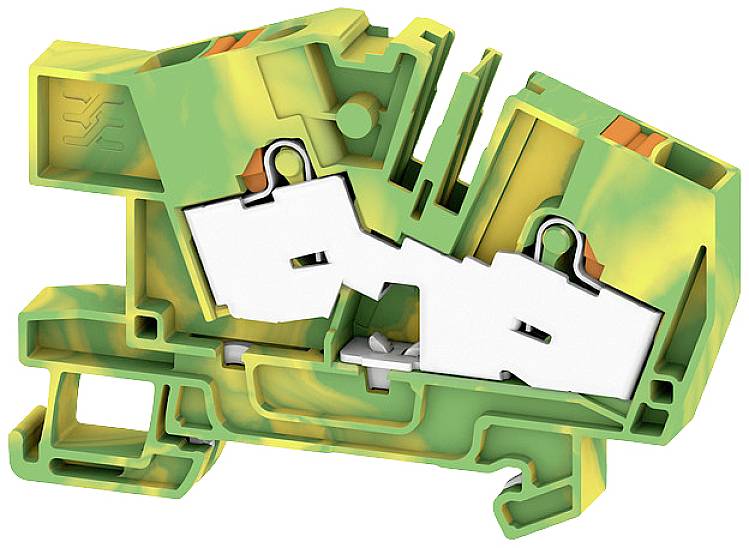 Zeleno-žltý svorkovnicový blok, rozrezaný z boku, odhaľuje vnútornú kovovú štruktúru určenú na prepojenie elektrických vodičov.
