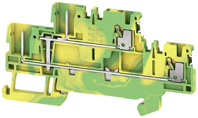 Zeleno-žltá pripojovacia svorka pre elektrické inštalácie. Zobrazuje vnútorné kovové kontakty a plastové puzdro s montážnou lištou.