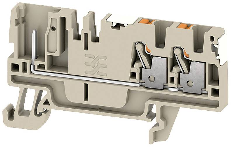 Prierezový model elektrického svorkovnicového bloku, ktorý zobrazuje vnútorné prepojenia a mechanizmy.