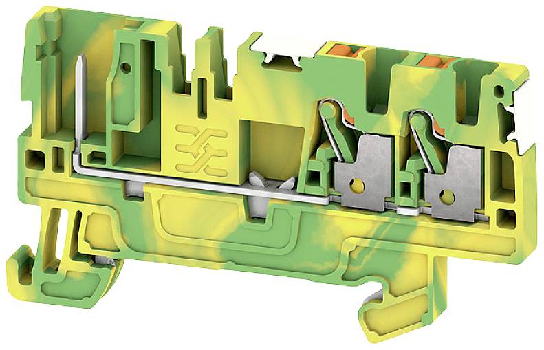 Zeleno-žltá súčiastka elektrickej svorky s dvoma kovovými pákami a zásuvnými miestami.