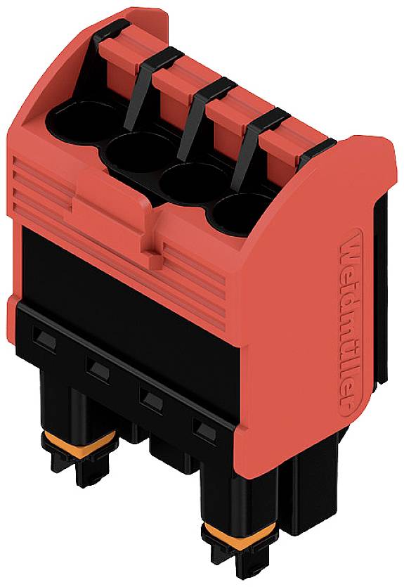 Červený a čierny elektrický konektor so štyrmi kontaktmi, určený pre priemyselné aplikácie, samostatne stojaci.