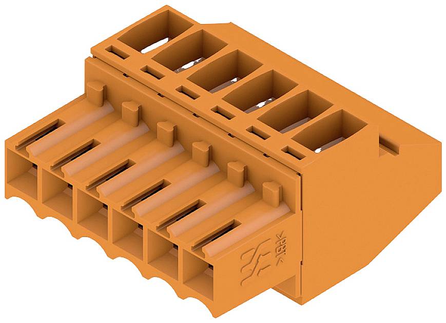 Oranžový konektor so šiestimi pripojeniami, vhodný pre elektrické prepojenia v rozvádzačoch alebo iných elektronických zariadeniach.