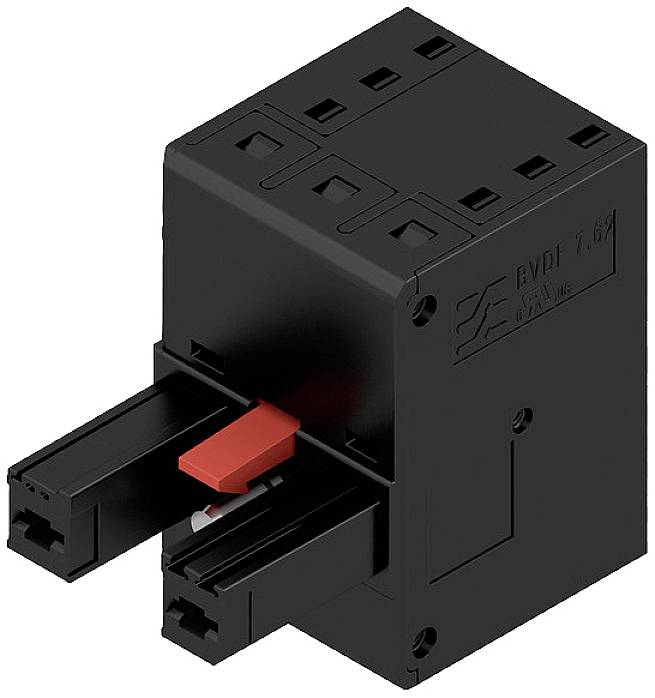 Čierny elektrický spínač s červeným ovládacím páčkou, pohľad z boku. Ideálny na ovládanie elektrických obvodov.