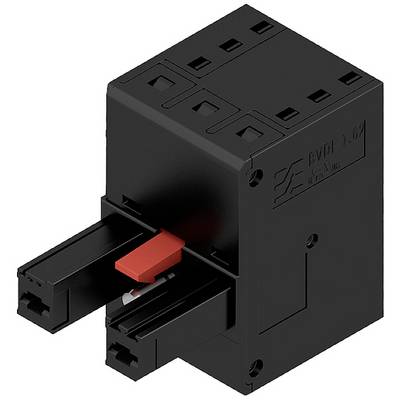 Čierny elektrický spínač s červeným ovládacím páčkou, pohľad z boku. Ideálny na ovládanie elektrických obvodov.