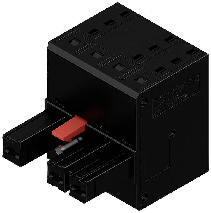 Čierna plastová jednotka s viacerými prípojkami a červenou pákou v strede, pravdepodobne súčasť elektrického spínacieho systému.