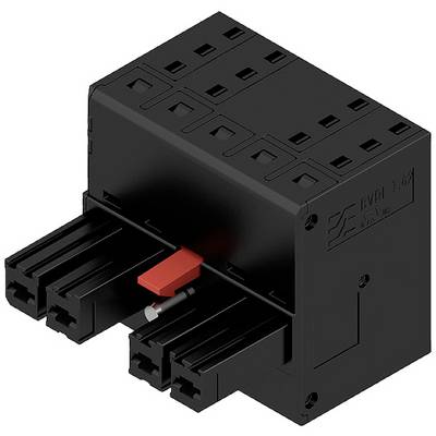 Čierna elektrická súčiastka s viacerými elektrickými konektormi a červeným prepínačom uprostred. Používa sa v elektronických zariadeniach.