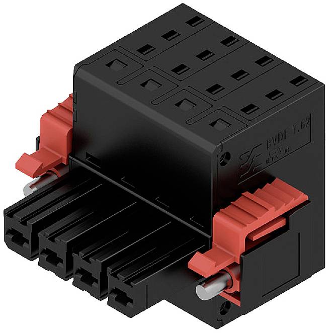 Čierny elektrický konektor s červenými svorkami, so štyrmi prípojnými otvormi vpredu a otvormi hore, určený na prepojenie káblov.