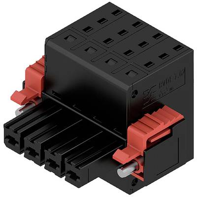 Čierny elektrický konektor s červenými svorkami, so štyrmi prípojnými otvormi vpredu a otvormi hore, určený na prepojenie káblov.