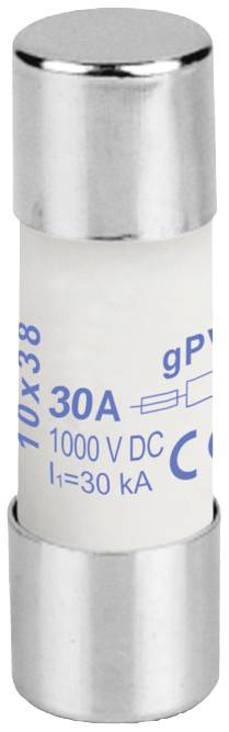 Biela valcovitá poistka so striebornými koncovkami, označenie: 30A, 1000 V DC, I=30 kA. Symbol: Solárny panel. Normatívna značka CE.