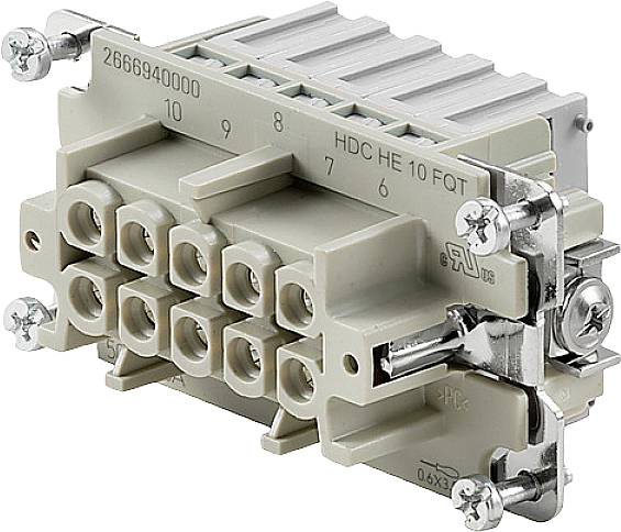 Viacpólová priemyselná elektrická zástrčka v sivej farbe s desiatimi kontaktnými bodmi a skrutkovým uzáverom, používaná pre elektrické pripojenia.