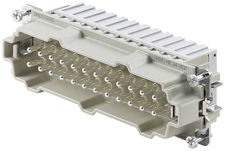 Obdĺžnikový, viacpólový elektrický konektor zobrazuje početné kovové kontakty. Je vhodný pre priemyselné aplikácie.