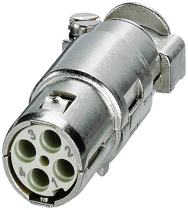 Strieborný elektrický konektor so štyrmi viditelnými kontaktmi, ktorý sa používa pre audio káblové prepojenia.