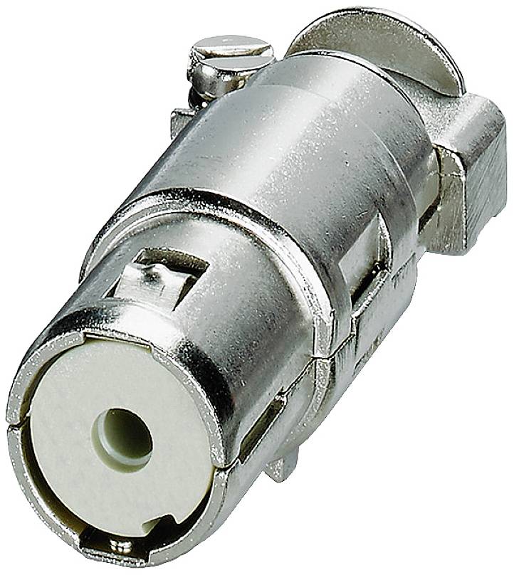 Kovový koaxiálny konektor s guľatým plastovým zakončením, vhodný pre video a audio prepojenia v elektronických zariadeniach.