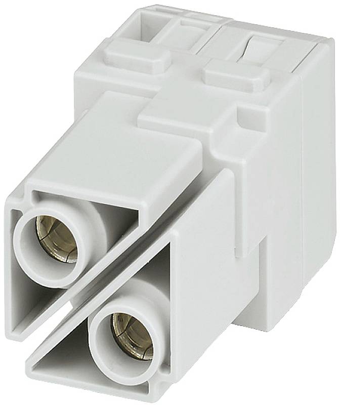 Biely dvojpólový elektrický konektor so šikmým dizajnom, vhodný pre jednoduché zapojenia v elektrických inštaláciách.